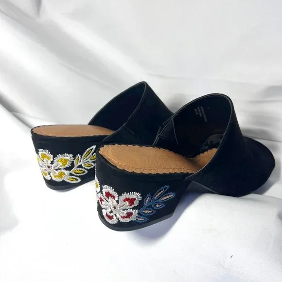 Restricted Women's Slip On Block 2 1/2" Heels-Black Floral Embroidered-Open Toe - Picture 8 of 16